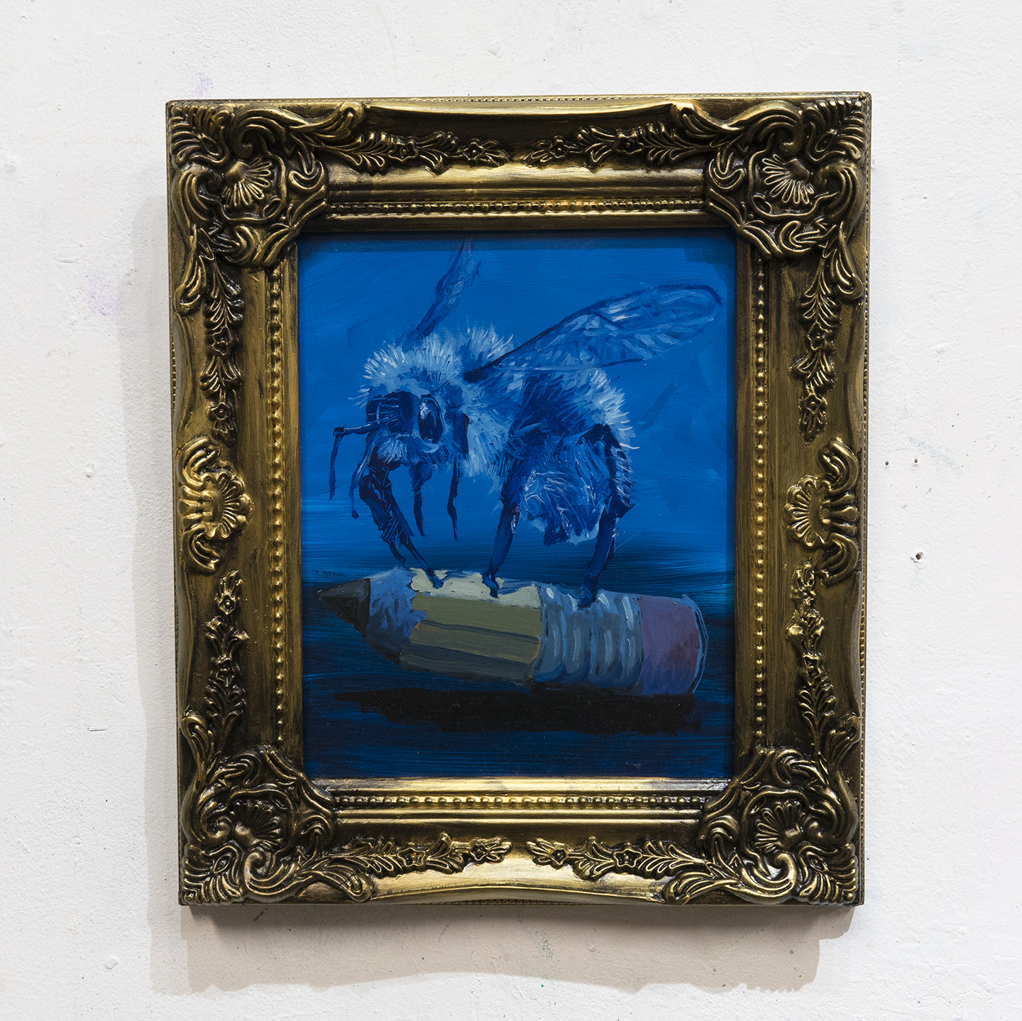 Blue Bee, oil on 10x8" panel, framed, 2022 sold