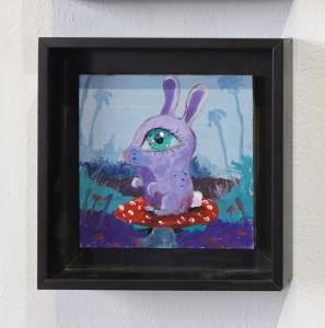 Bunny on Mushroom, oil on 4x4” panel, 2021