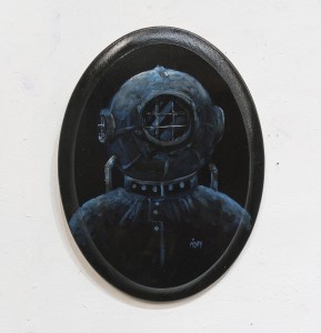 Diver, oil on 17x12" wood oval, 2022