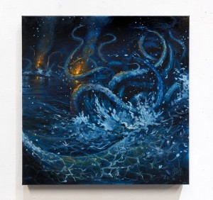 Naval Battle with Tentacles 2, oil on 20x20" canvas, 2022