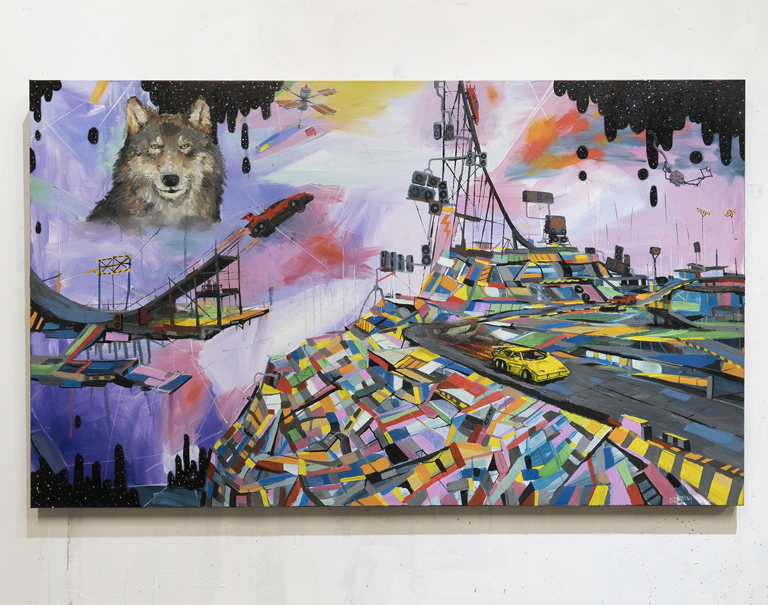 Wolf with 6-Wheel Lambos, oil on 36x60" canvas, 2016-2022
